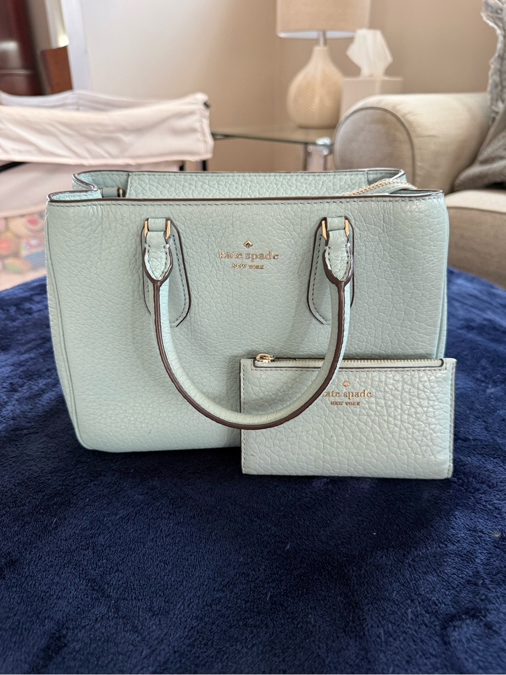 kate spade light blue pebbled leather satchel with matching zip wallet